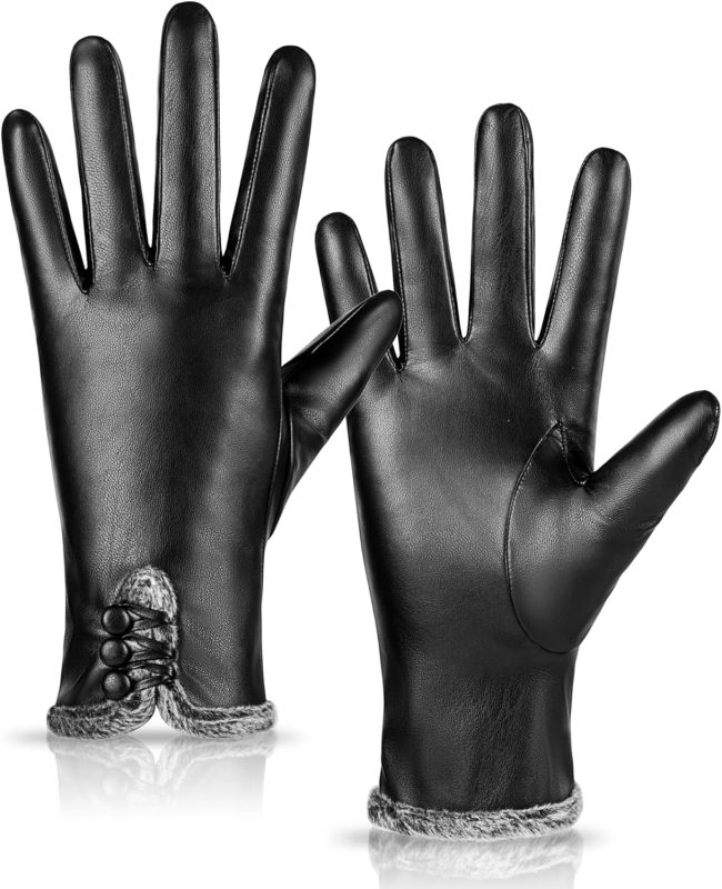 Elegant women's leather fashion gloves with touchscreen compatibility for winter warmth
