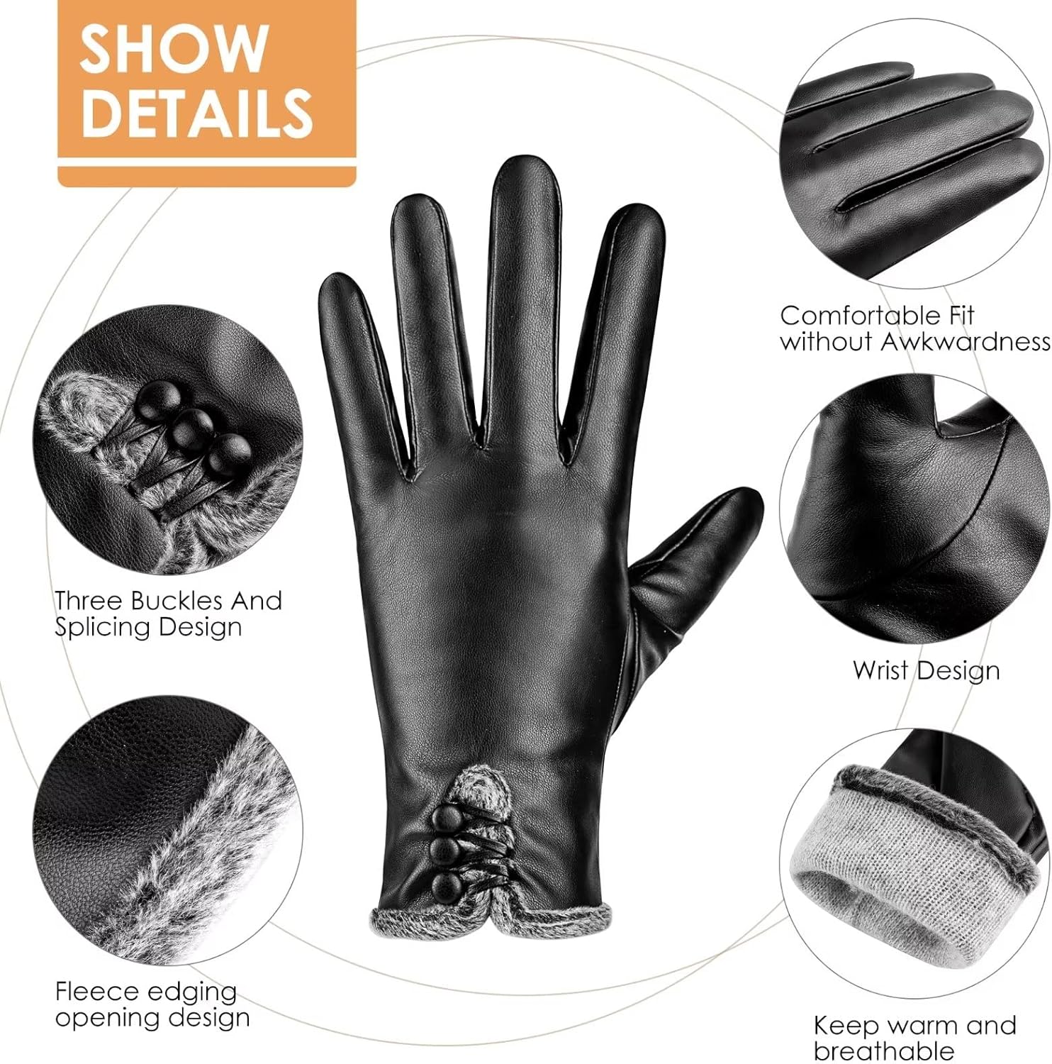 Elegant women's leather fashion gloves with touchscreen compatibility for winter warmth
