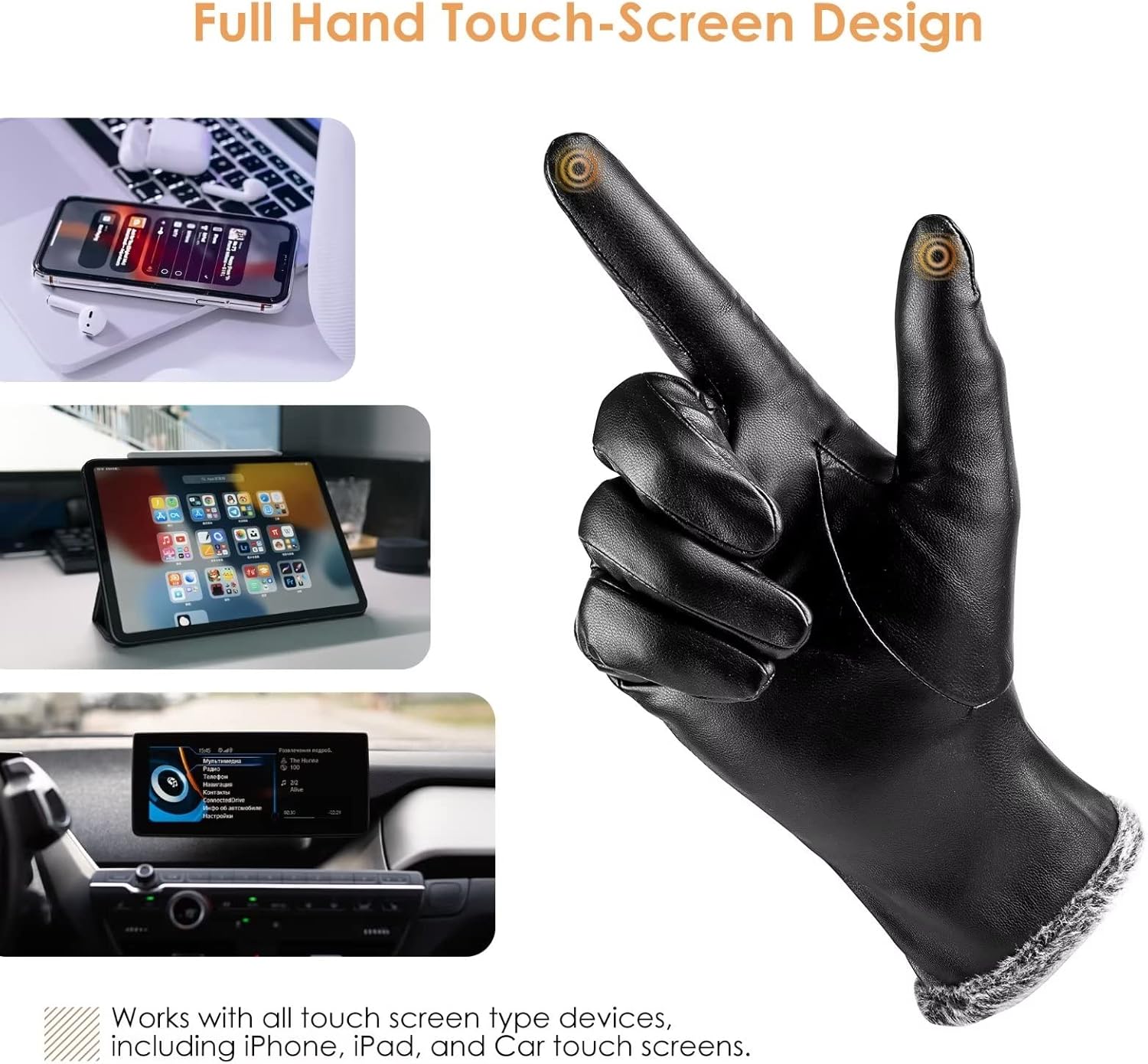 Elegant women's leather fashion gloves with touchscreen compatibility for winter warmth