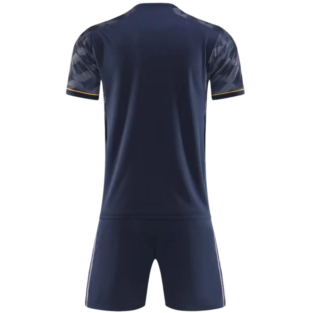 Customizable soccer uniform in breathable fabric, showcasing team colors and sizes.