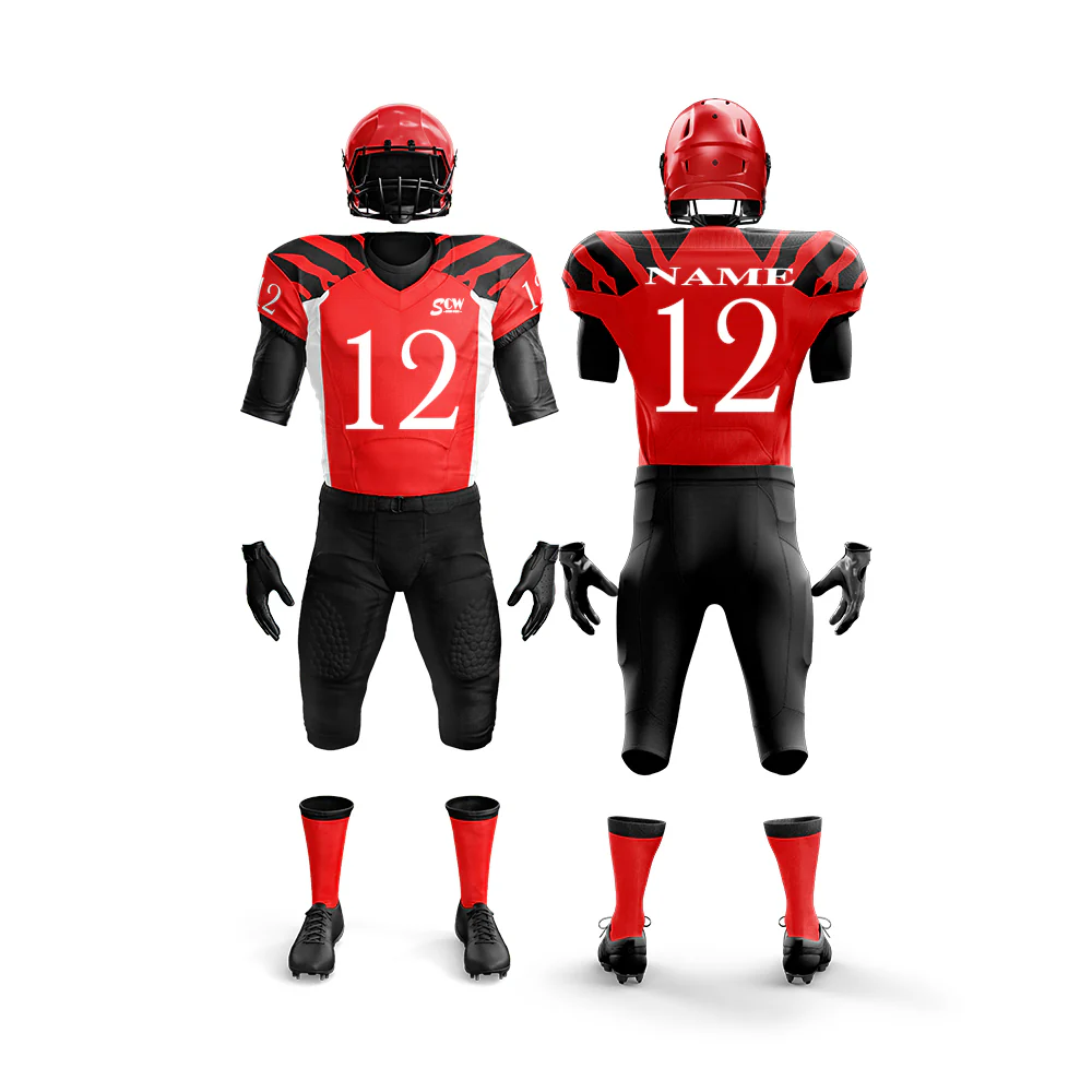 Custom American football uniform featuring durable materials, team logo, and player number, designed for optimal performance and style.