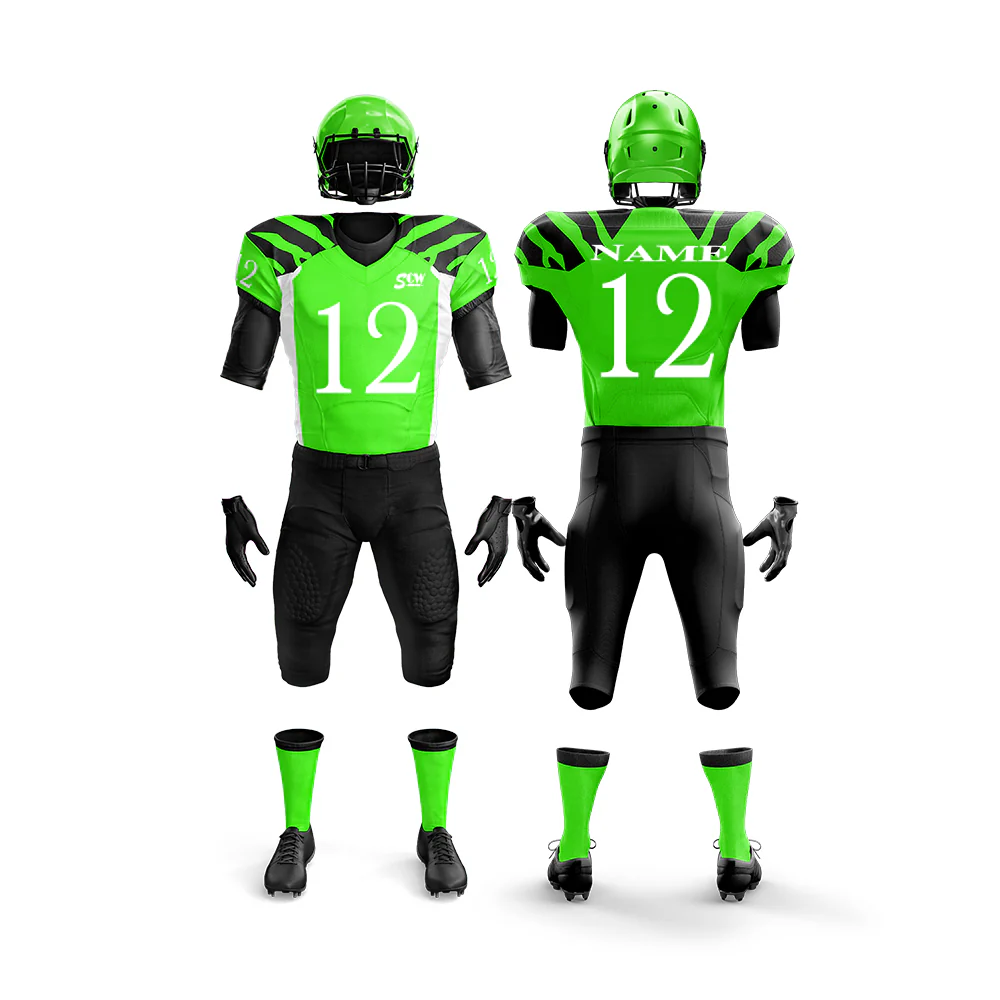 Custom American football uniform featuring durable materials, team logo, and player number, designed for optimal performance and style.