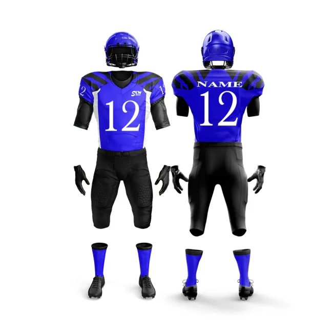 Custom American football uniform featuring durable materials, team logo, and player number, designed for optimal performance and style.