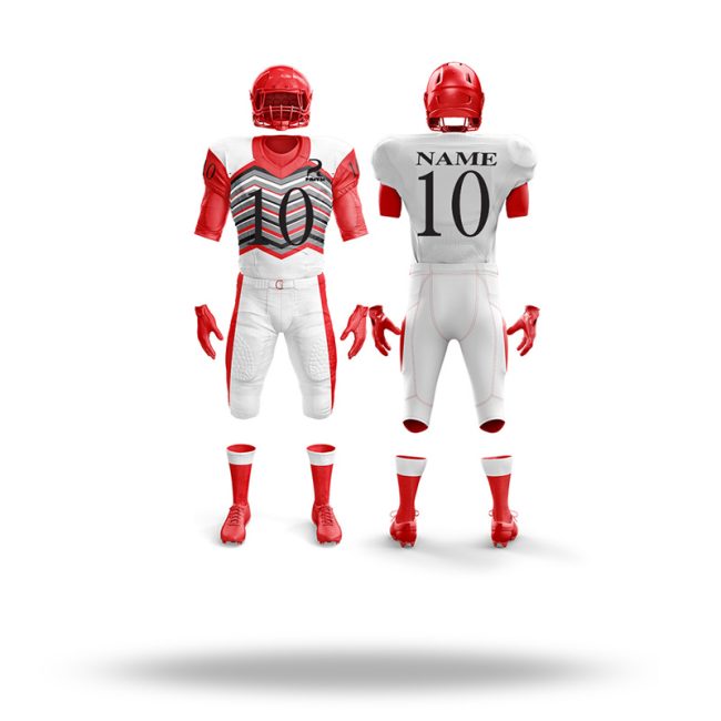 Customizable American football uniform featuring personalized team colors and logos