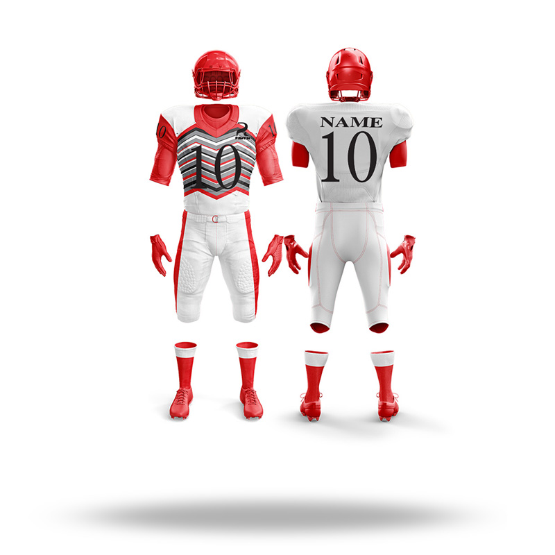 Customizable American football uniform featuring personalized team colors and logos