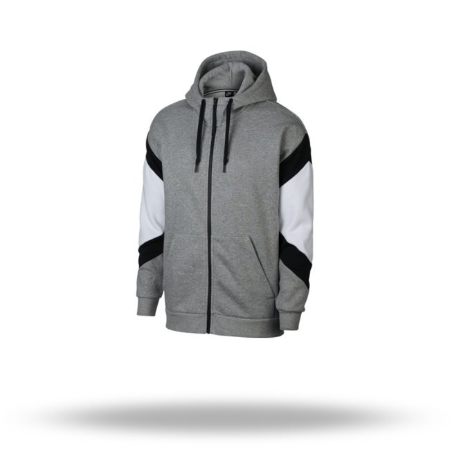 Men's zip-up hoodie in charcoal gray with adjustable drawstring, offering versatility and durability.
