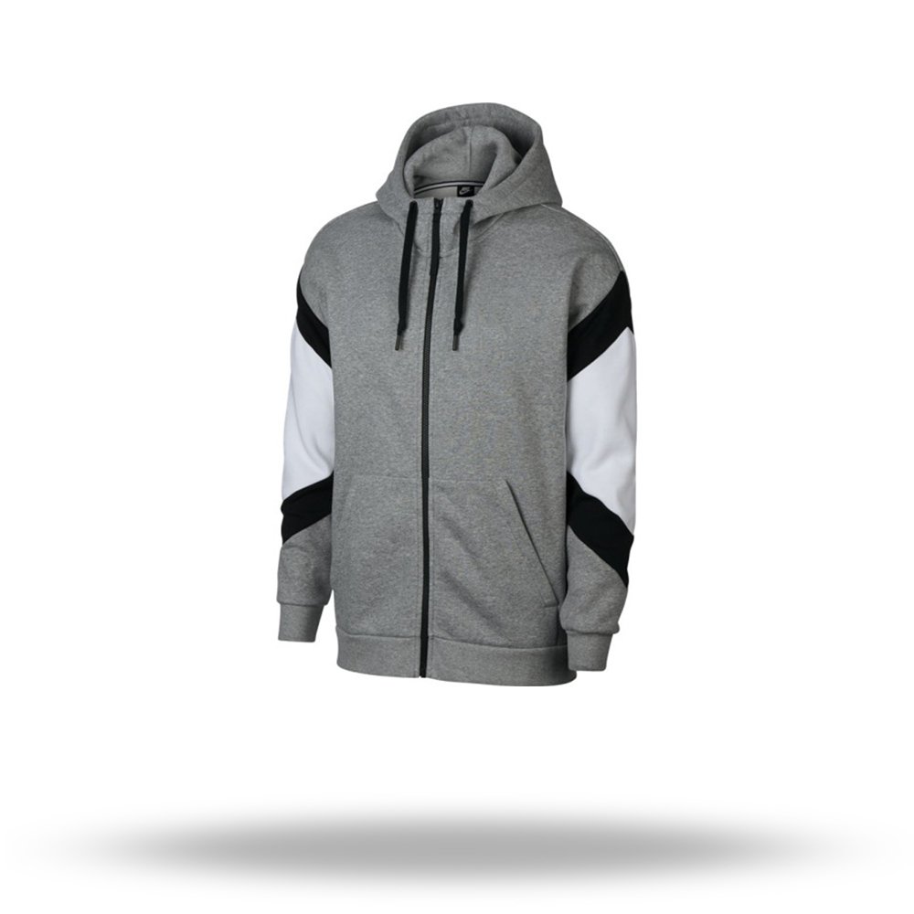 Men's zip-up hoodie in charcoal gray with adjustable drawstring, offering versatility and durability.