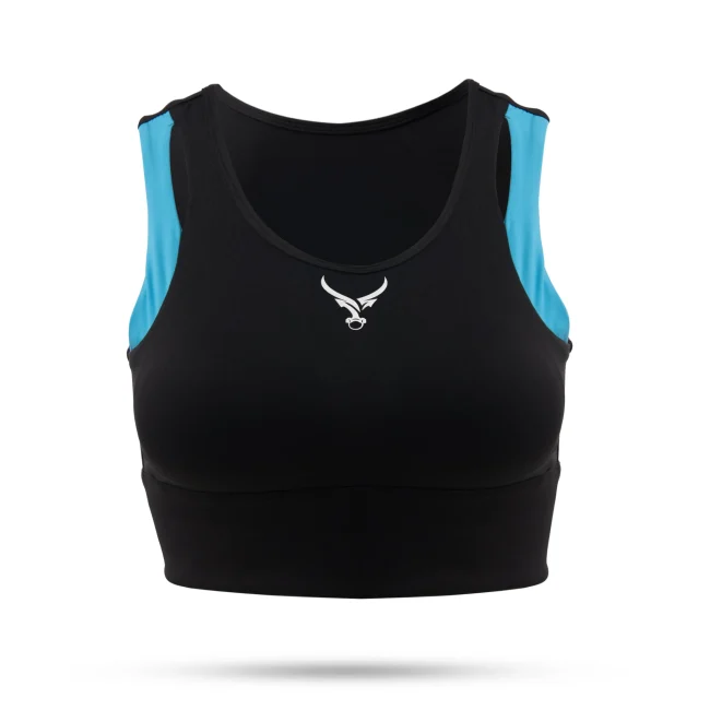 Woman wearing a high-impact, breathable, seamless fitness bra during an intense workout session.