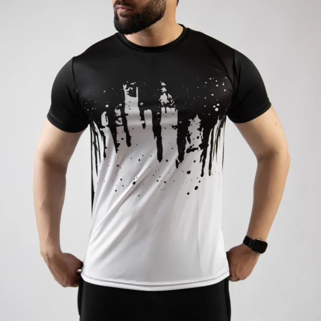 Front view of a men's white sublimation t-shirt made from 100% polyester, ideal for custom printing.