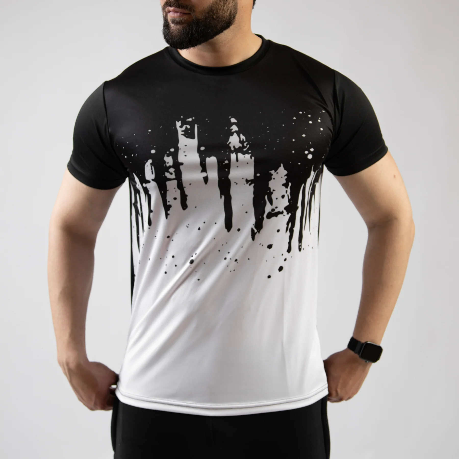 Front view of a men's white sublimation t-shirt made from 100% polyester, ideal for custom printing.
