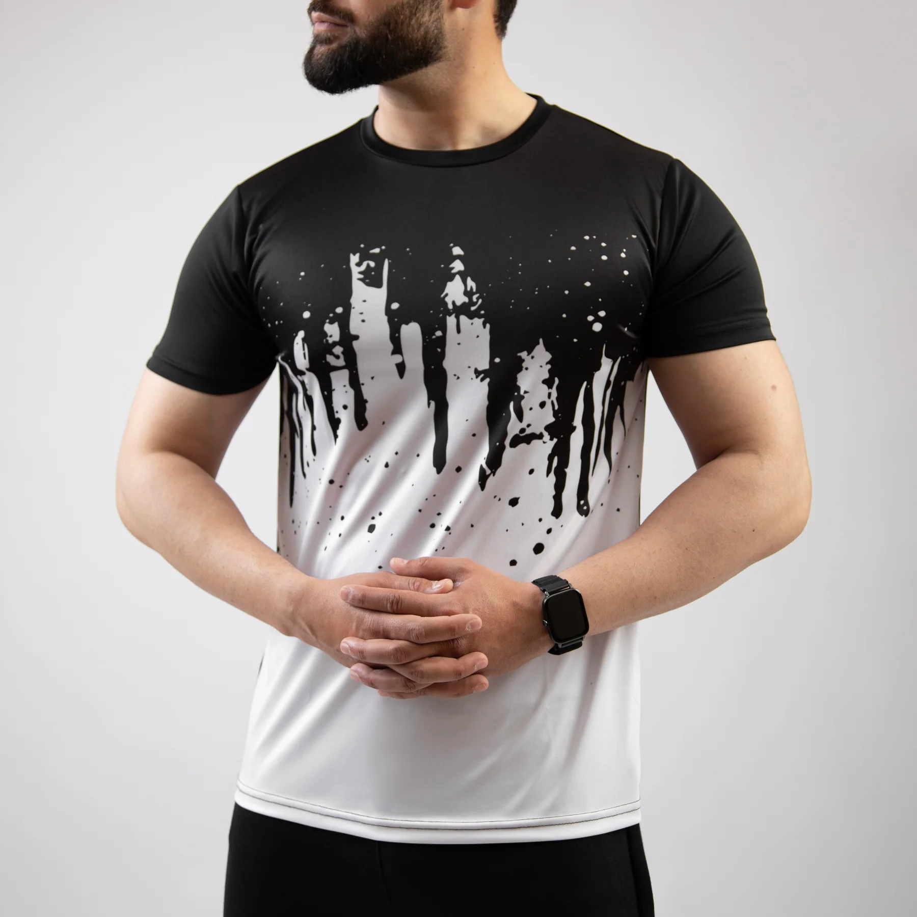 Front view of a men's white sublimation t-shirt made from 100% polyester, ideal for custom printing.