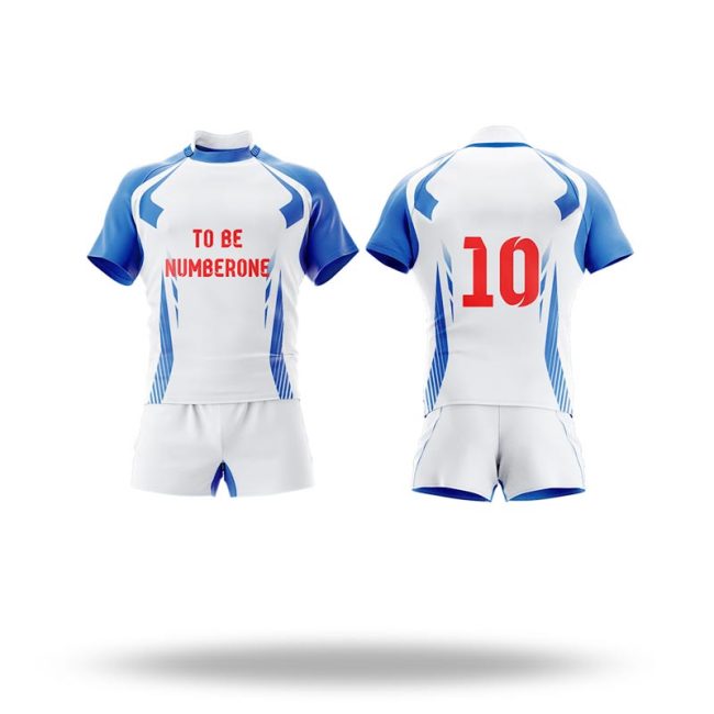 Customizable rugby uniform featuring personalized team colors and logos